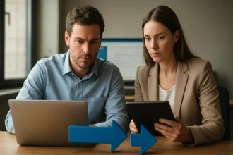 Két szakember Microsoft Exchange postafiók replikálásáról dolgozik.