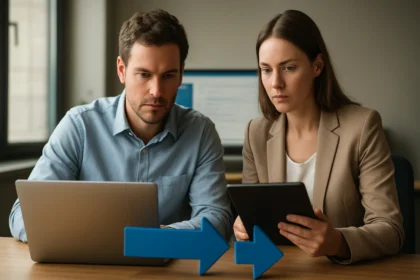 Két szakember Microsoft Exchange postafiók replikálásáról dolgozik.