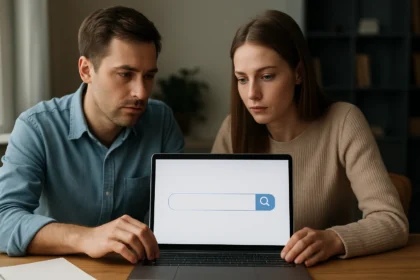 Két ember laptopon keresőmotor használatát elemzi.