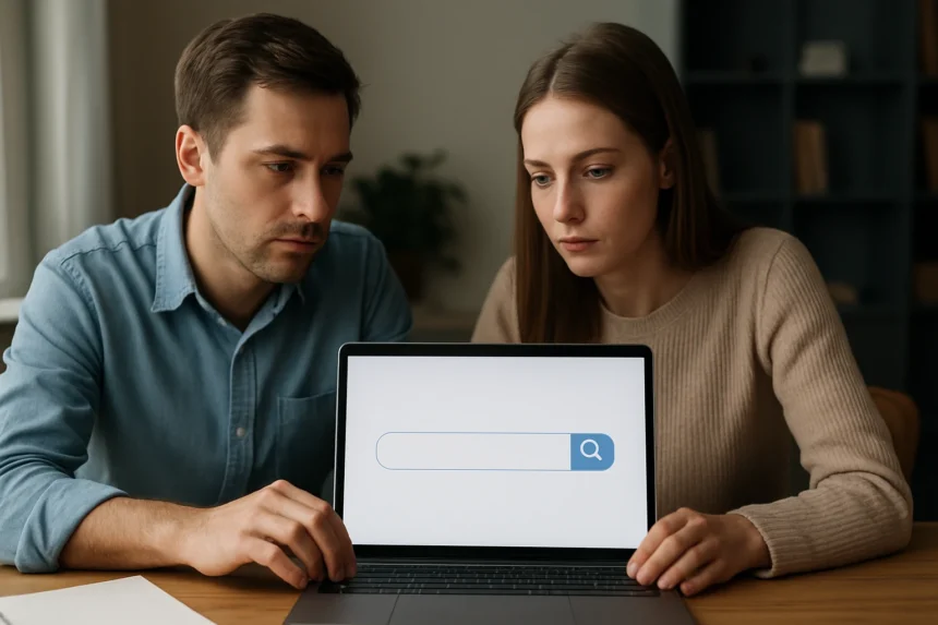 Két ember laptopon keresőmotor használatát elemzi.