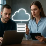 Két szakember dolgozik felhőalapú szervermentes adatbázissal.