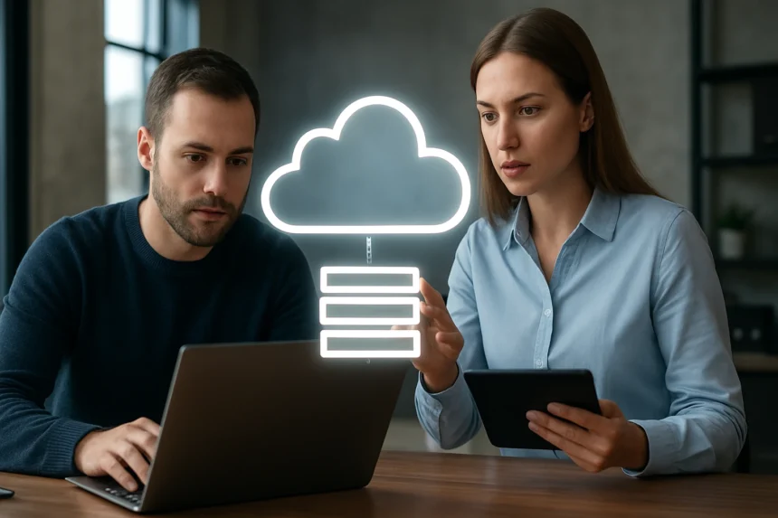 Két szakember dolgozik felhőalapú szervermentes adatbázissal.