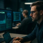 SYN szkennelés a kiberbiztonságban, férfi egy számítógép előtt.