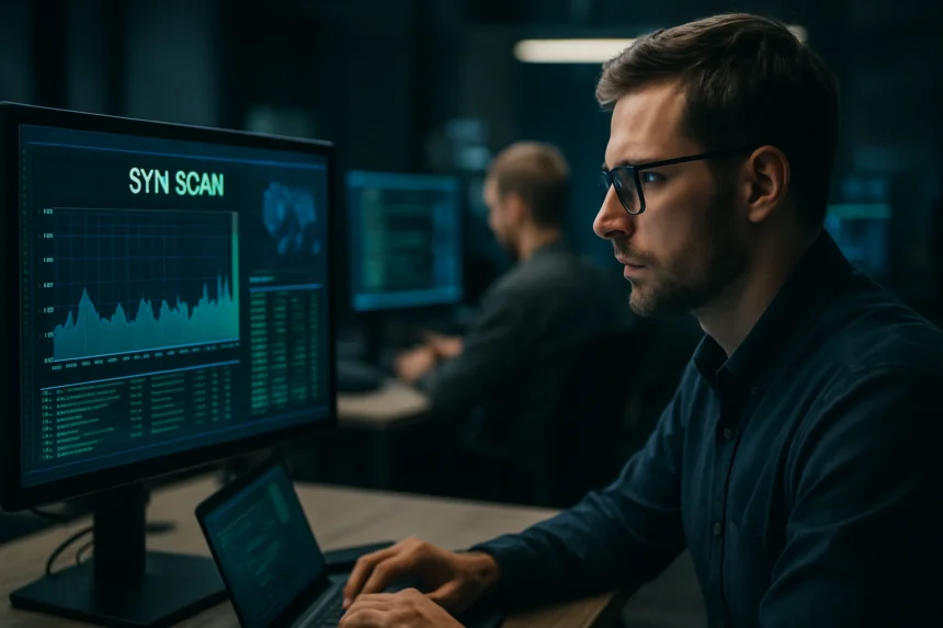 SYN szkennelés a kiberbiztonságban, férfi egy számítógép előtt.