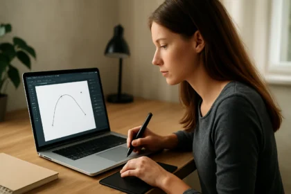 Grafikai tervező Bézier-görbét rajzol vektorgrafikai szoftverben.