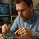 Mérnök integrált áramkört ellenőriz a laborban