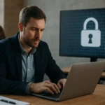 Egy férfi a számítógépén dolgozik, egy zárt főzár szimbólummal a háttérben.