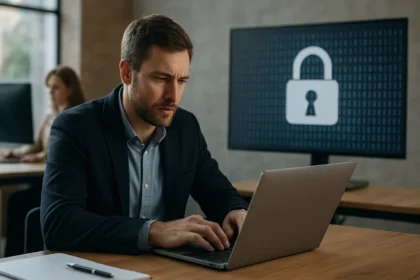 Egy férfi a számítógépén dolgozik, egy zárt főzár szimbólummal a háttérben.
