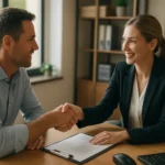 Két ember, üzleti megbeszélés során, kézfogással.