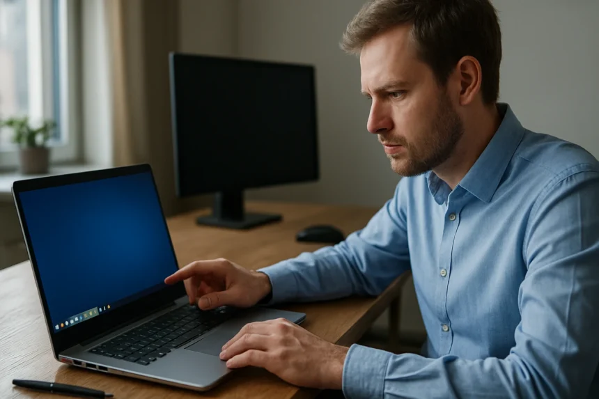 Férfi laptop használata a felhasználói felületen, tálca értesítésekkel.