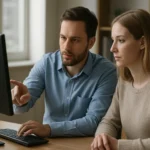 Két személy számítógép előtt, Windows 10 megosztott PC módot tanulmányozva