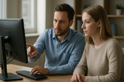 Két személy számítógép előtt, Windows 10 megosztott PC módot tanulmányozva