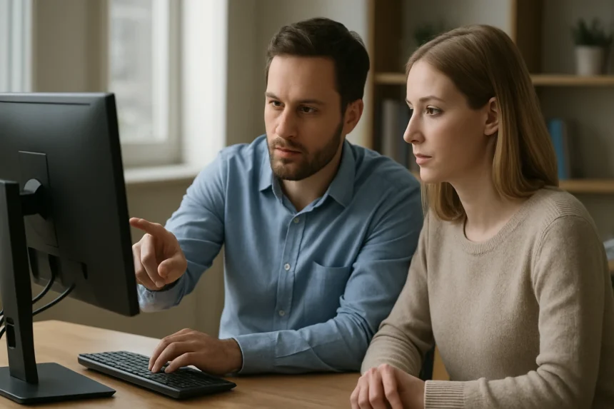 Két személy számítógép előtt, Windows 10 megosztott PC módot tanulmányozva