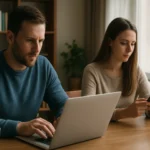 Fiatal pár digitális eszközökkel dolgozik egy asztalnál.