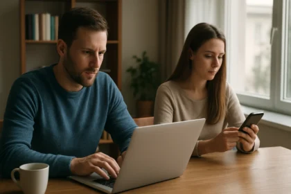 Fiatal pár digitális eszközökkel dolgozik egy asztalnál.