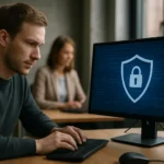 Férfi számítógép előtt, biztonsági ikon látható a képernyőn.