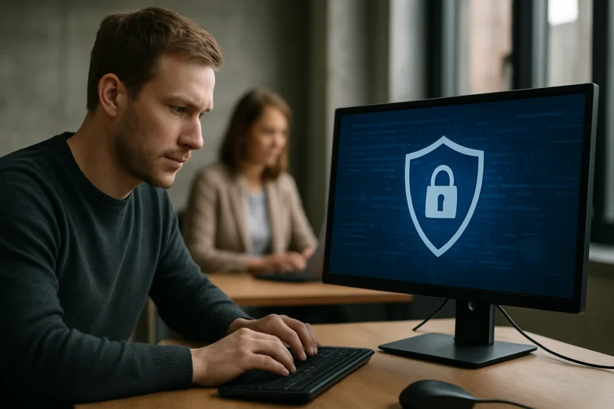 Férfi számítógép előtt, biztonsági ikon látható a képernyőn.
