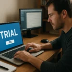 Férfi próbaverziós szoftvert használ laptopon