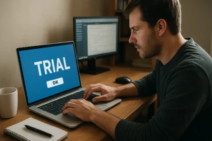 Férfi próbaverziós szoftvert használ laptopon