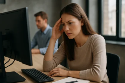 Nő nyelvi kétértelműségen gondolkodik a számítógép előtt