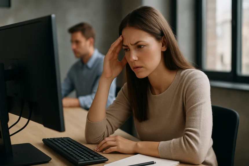 Nő nyelvi kétértelműségen gondolkodik a számítógép előtt