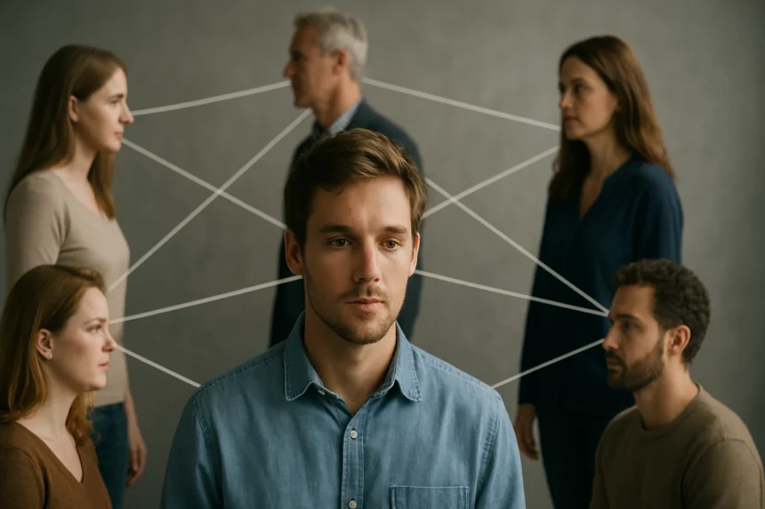 A hat lépés távolság elmélete illusztrációja szociális kapcsolatokkal.