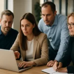 Négy szakember együttműködik a Microsoft Power Platform használatával.