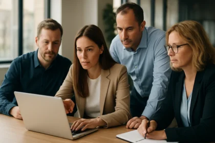 Négy szakember együttműködik a Microsoft Power Platform használatával.