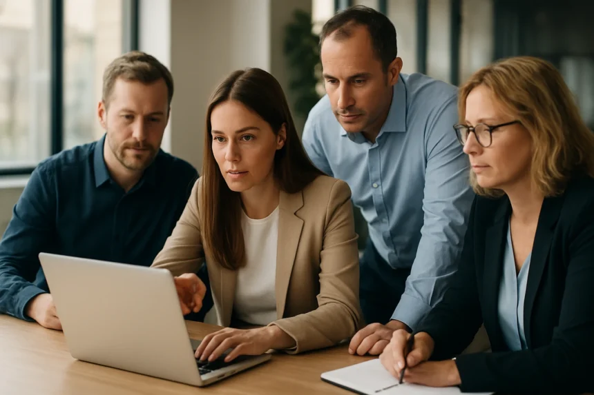Négy szakember együttműködik a Microsoft Power Platform használatával.