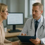 Orvos beszélget egy pácienssel az amerikai egészségügyben.