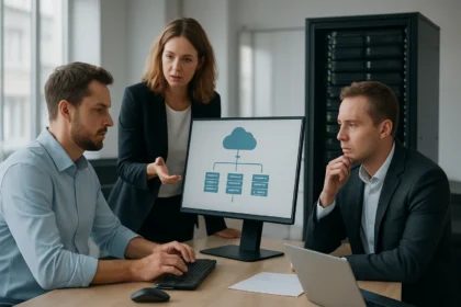 Vállalati adattárolás megbeszélésén résztvevő szakértők