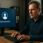 Férfi adminisztrátor a számítógép előtt, beépített rendszergazda fiók képernyővel.