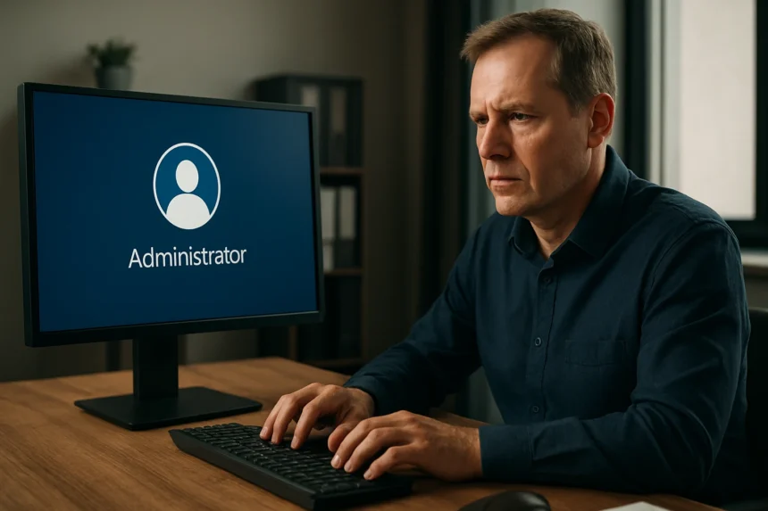 Férfi adminisztrátor a számítógép előtt, beépített rendszergazda fiók képernyővel.