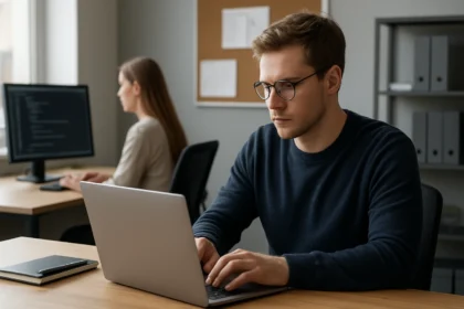 Szoftverfejlesztők dolgoznak számítógépeken a felhőszolgáltatásokról szóló projekten