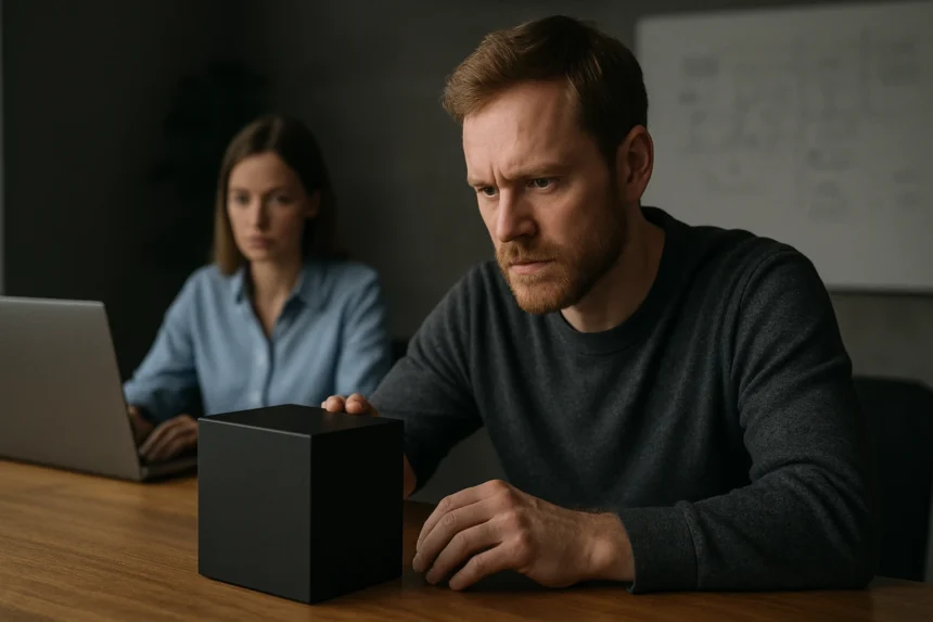 Két ember egy asztalnál, a férfi a fekete dobozt vizsgálja, míg a nő a laptopját használja.