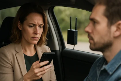 Feszülten telefonáló nő a GPS zavarás tüneteinek tanulmányozásakor.