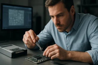 Férfi szilárdtest technológiai alkatrészeket vizsgál egy nyomtatott áramköri lapon.