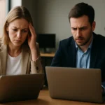 Két szakember aggodalommal figyeli a laptopokat az IT világában.