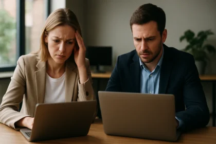 Két szakember aggodalommal figyeli a laptopokat az IT világában.