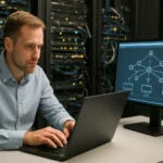 Munkatárs a vezérlősíkon dolgozik számítógép előtt.