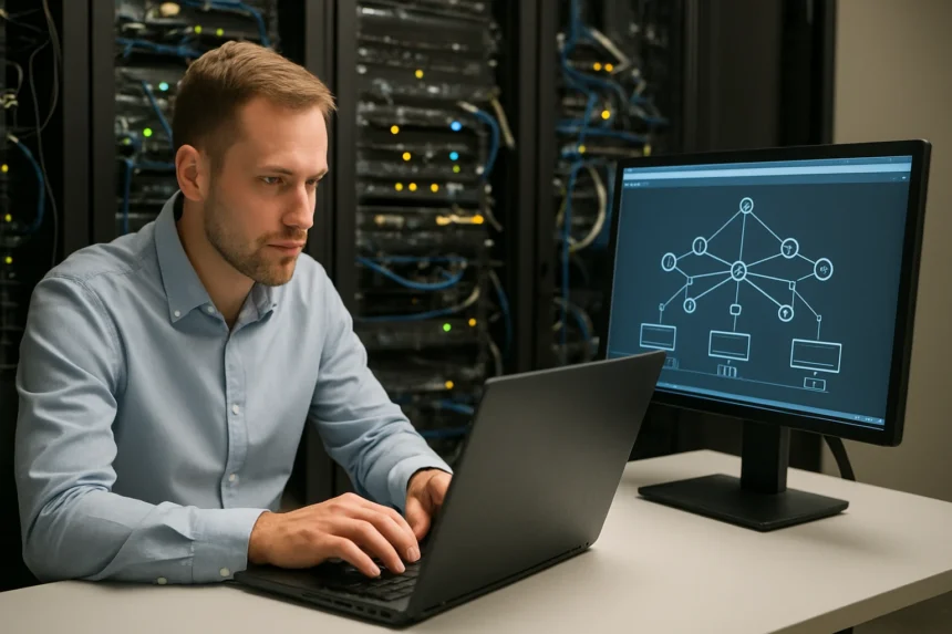 Munkatárs a vezérlősíkon dolgozik számítógép előtt.