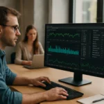 Férfi AWS CloudWatch analízis közben, háttérben egy nő és számítógép.