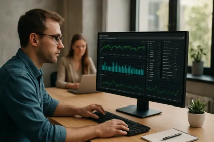 Férfi AWS CloudWatch analízis közben, háttérben egy nő és számítógép.