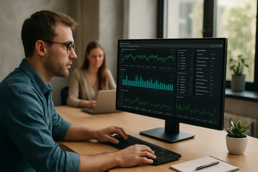 Férfi AWS CloudWatch analízis közben, háttérben egy nő és számítógép.