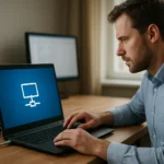 Férfi laptopon hálózati kapcsolati diagrammal dolgozik.