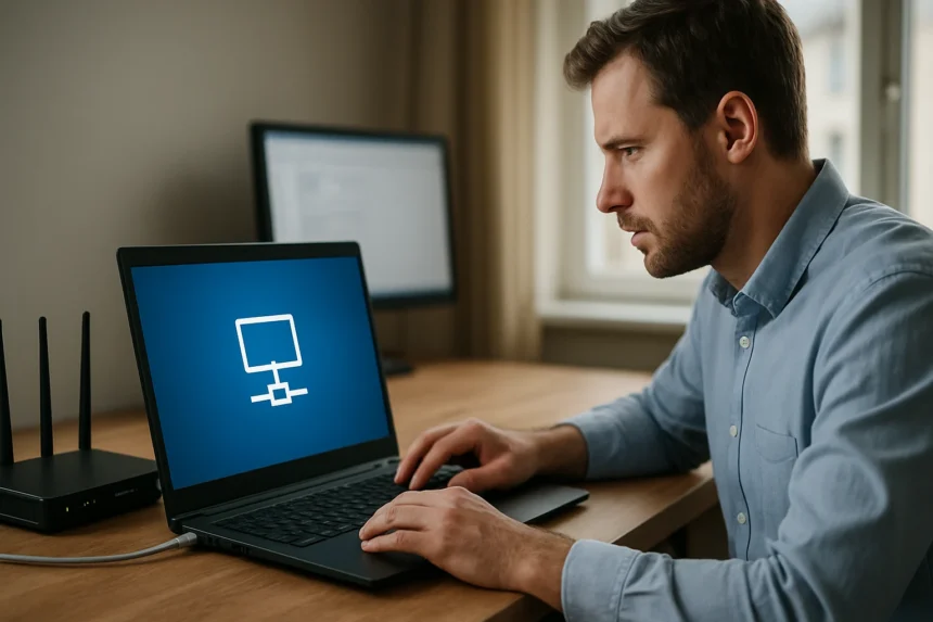 Férfi laptopon hálózati kapcsolati diagrammal dolgozik.