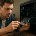 Férfi hangkártyát szerel a számítógépbe, figyelmesen ellenőrzi.