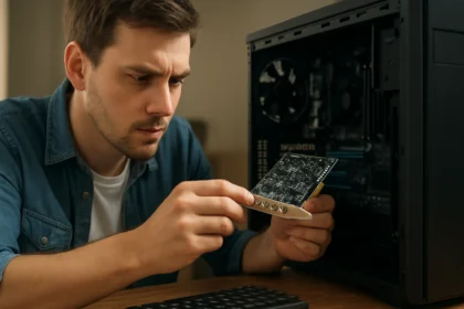 Férfi hangkártyát szerel a számítógépbe, figyelmesen ellenőrzi.