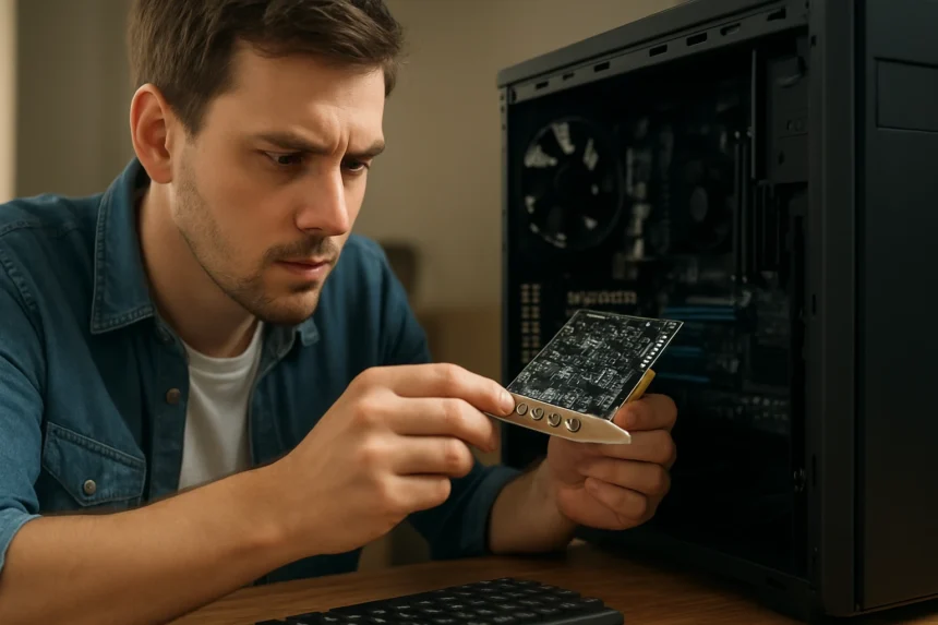 Férfi hangkártyát szerel a számítógépbe, figyelmesen ellenőrzi.