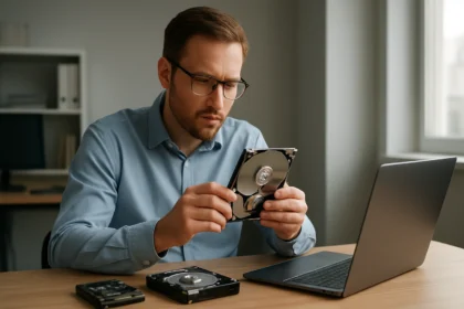 Férfi mágneses adattárolót vizsgál, laptop előtt ülve.